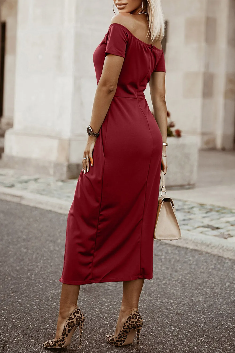Bare Shoulder Short Sleeve Split Dress